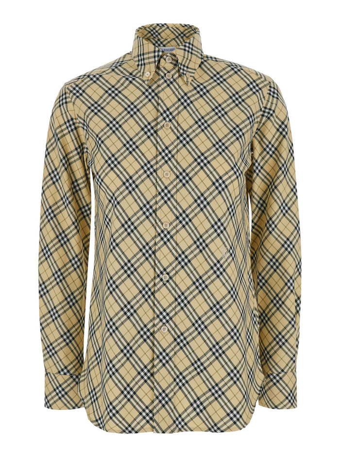 Beige Oversize Shirt with All-Over Check Motiv in Cotton Woman And Blouses
