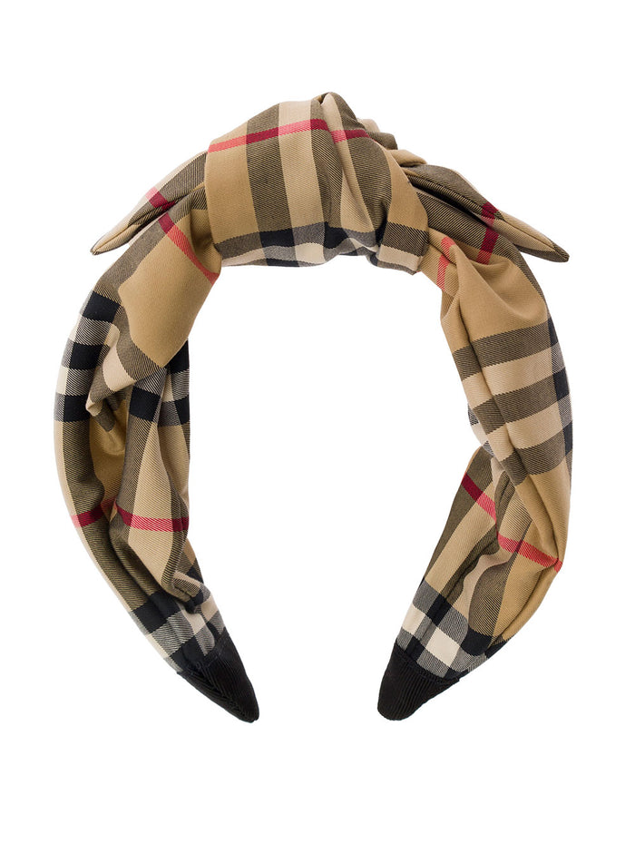 Beige Headband With Knot Detail And Check Motif Stretch Cotton Girl Elastane Hair Accessories