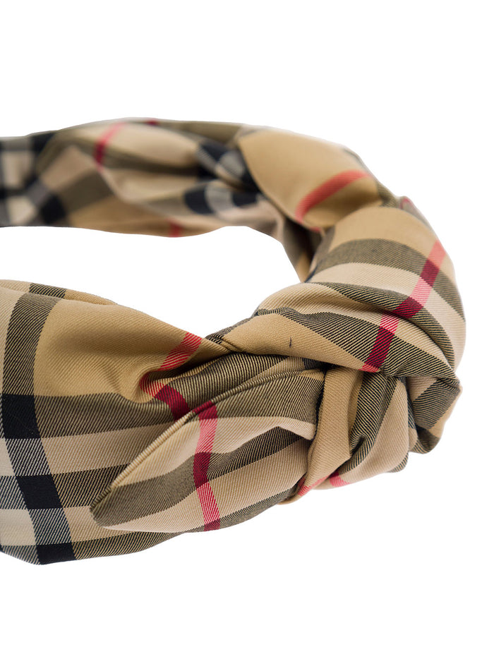 Beige Headband With Knot Detail And Check Motif Stretch Cotton Girl Elastane Hair Accessories