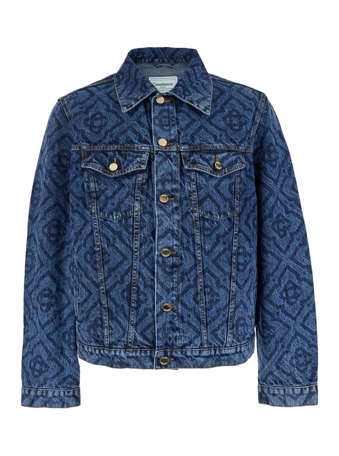 Blue Jacket With All-Over Monogram Denim Man Blu Cotton