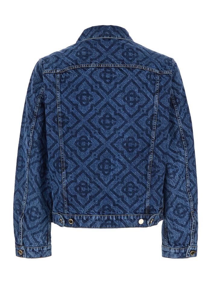 Blue Jacket With All-Over Monogram Denim Man Blu Cotton