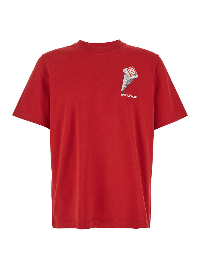 Leaning Column Red Crewneck T-Shirt With Maxi Print On The Rear Cotton Man Organic Tshirts And Polo Shirts