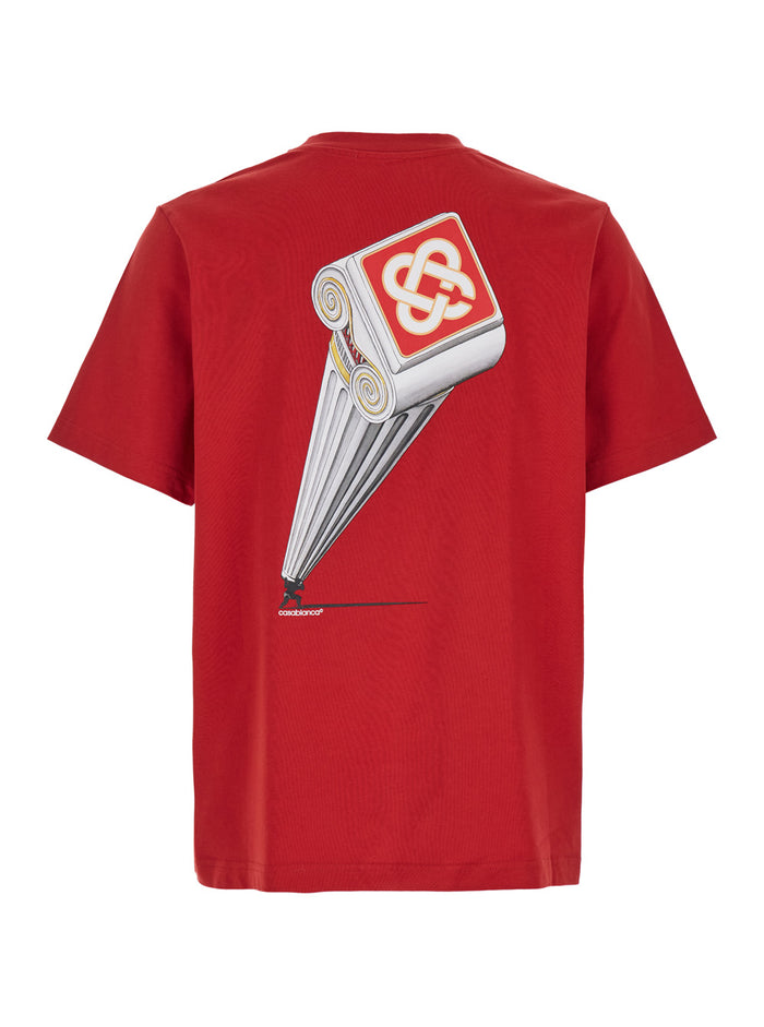 Leaning Column Red Crewneck T-Shirt With Maxi Print On The Rear Cotton Man Organic Tshirts And Polo Shirts