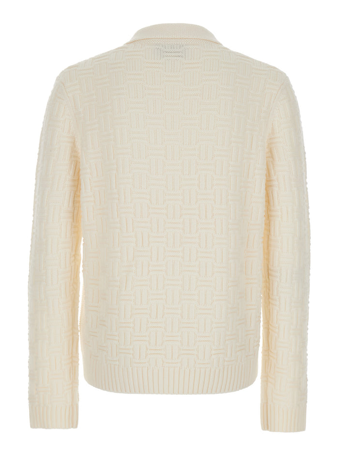 White Polo Sweater With Logo Patch Jacquard Wool Man Merino Tshirts And Shirts