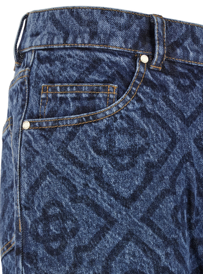 Blue Five-Pocket Jeans With Monogram Denim Man Blu Cotton