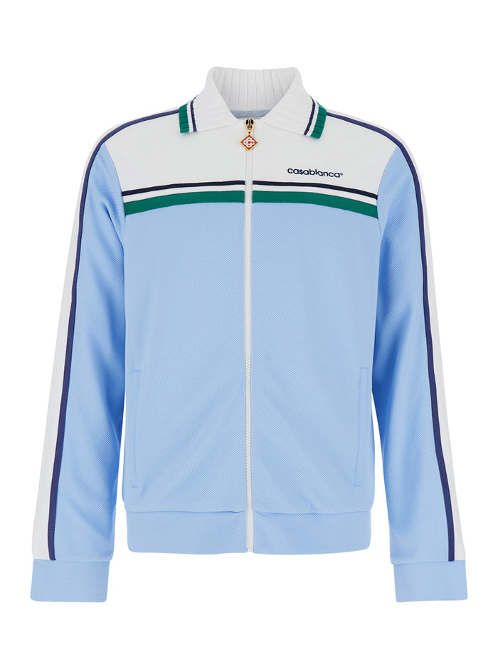 Light Blue Track Jacket With Logo Lettering Print Cotton Blend Man Polyamide Sweatshirts