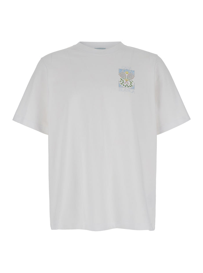 Tennis Pastelle White Crewneck T-Shirt With Print Cotton Man Organic Tshirts And Polo Shirts