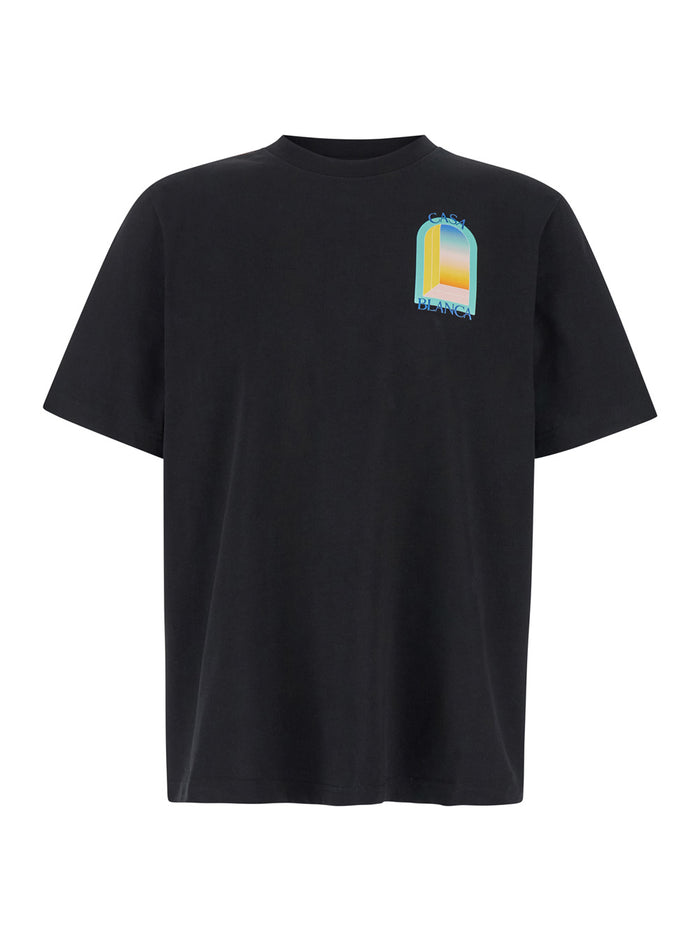 Black Crewneck T-Shirt With Arc Print Cotton Man Organic Tshirts And Polo Shirts