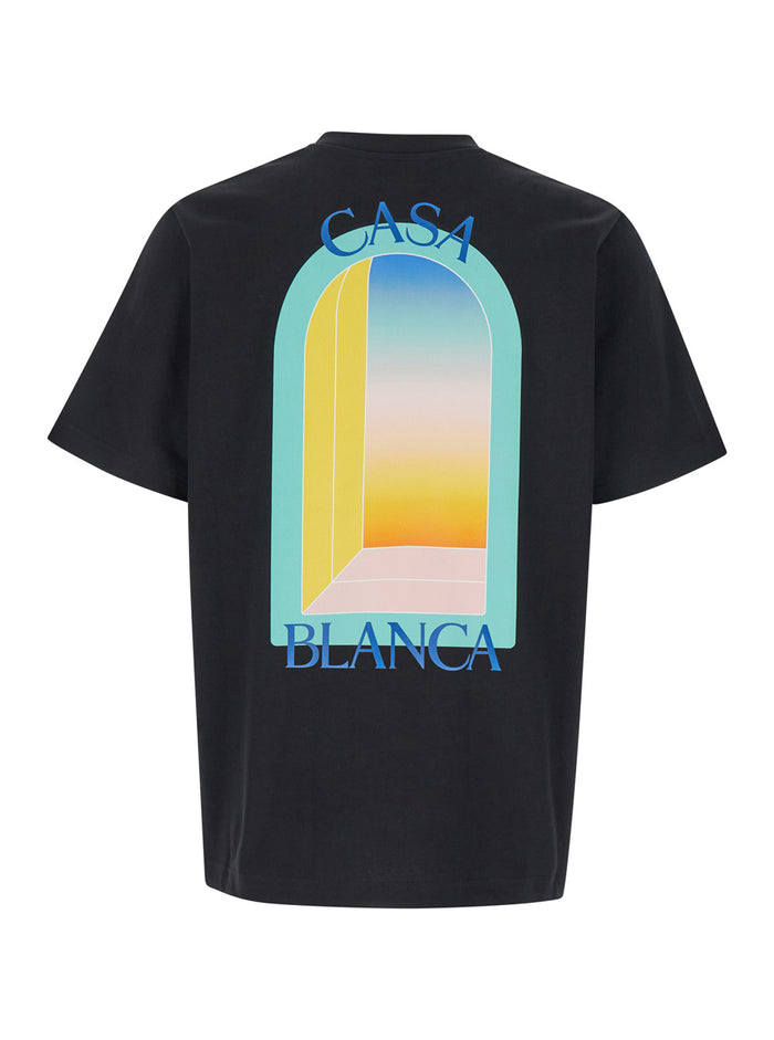 Black Crewneck T-Shirt With Arc Print Cotton Man Organic Tshirts And Polo Shirts