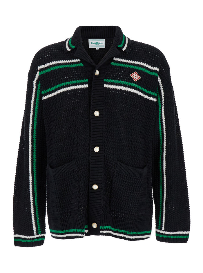 Black Long Sleeve Shirt With Logo Patch Crochet Man Cotton And Blouses