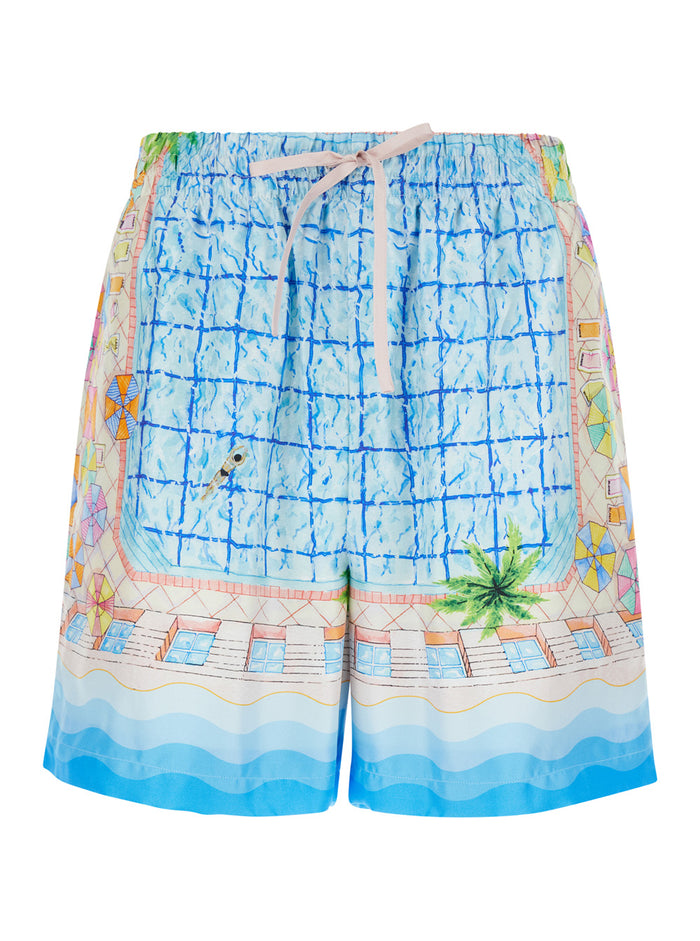 Light Blue Shorts With All-Over Graphic Print Silk Man Satin And Bermuda