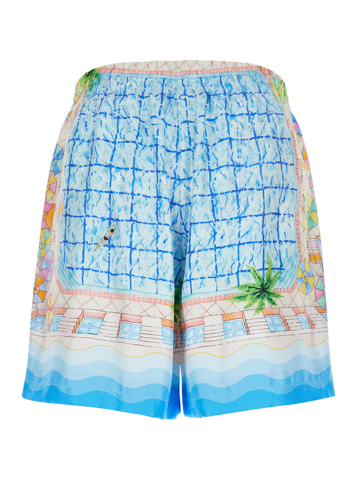 Light Blue Shorts With All-Over Graphic Print Silk Man Satin And Bermuda