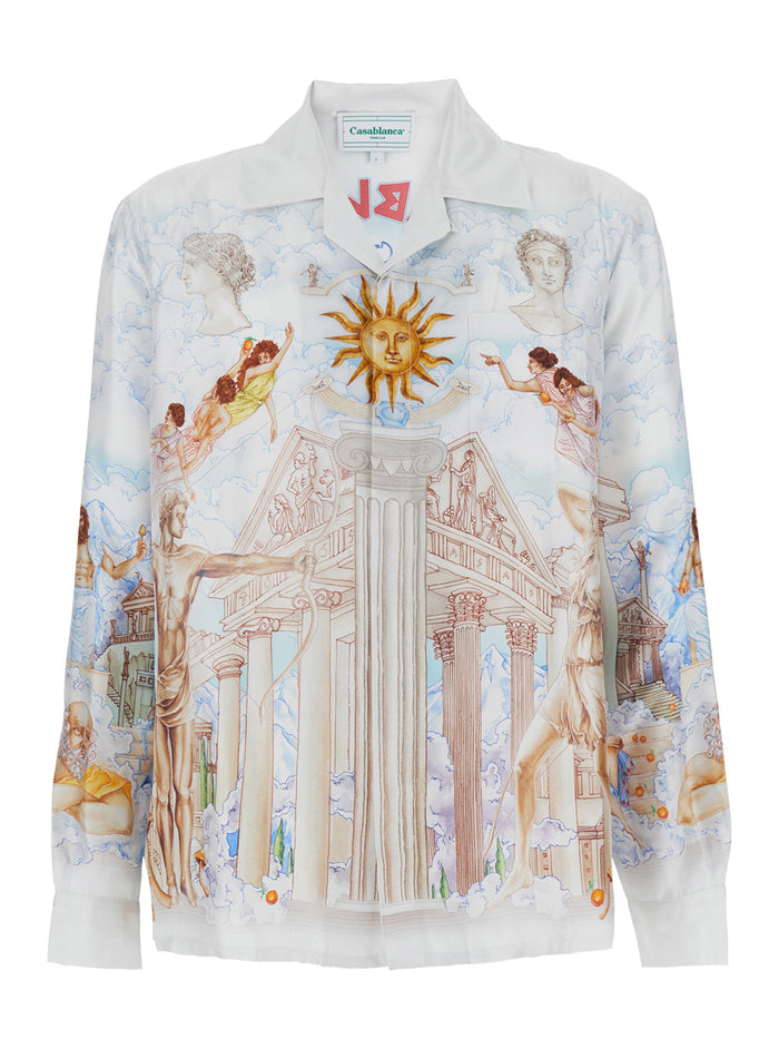 Multicolor Shirt With Cuban Collar And All-Over Le Temple Du Savoir Print Silk Man Twill Blouses