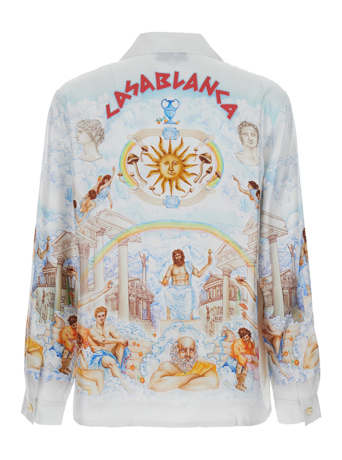 Multicolor Shirt With Cuban Collar And All-Over Le Temple Du Savoir Print Silk Man Twill Blouses