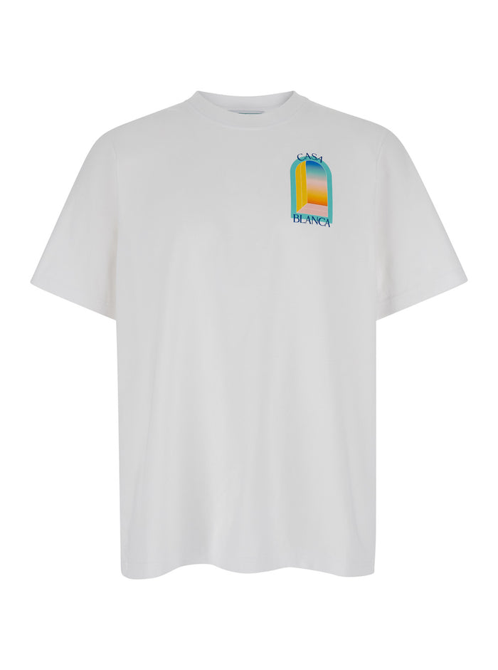White Crewneck T-Shirt With Arc Coloré Print Cotton Man Organic Tshirts And Polo Shirts