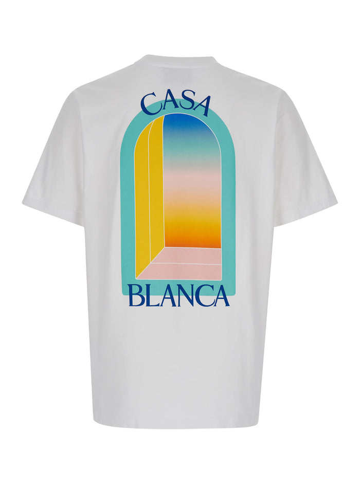 White Crewneck T-Shirt With Arc Coloré Print Cotton Man Organic Tshirts And Polo Shirts