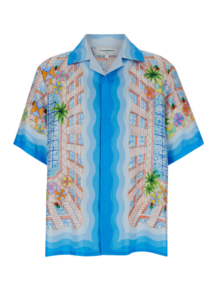 Light Blue Bowling Shirt With All-Over Graphic Print Silk Man Satin And Blouses