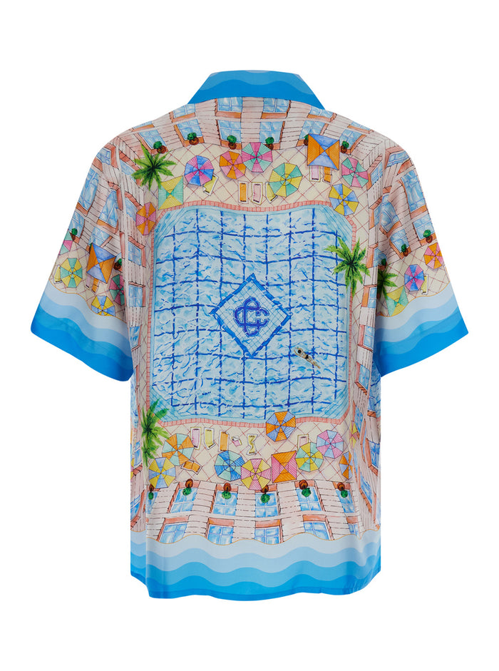 Light Blue Bowling Shirt With All-Over Graphic Print Silk Man Satin And Blouses