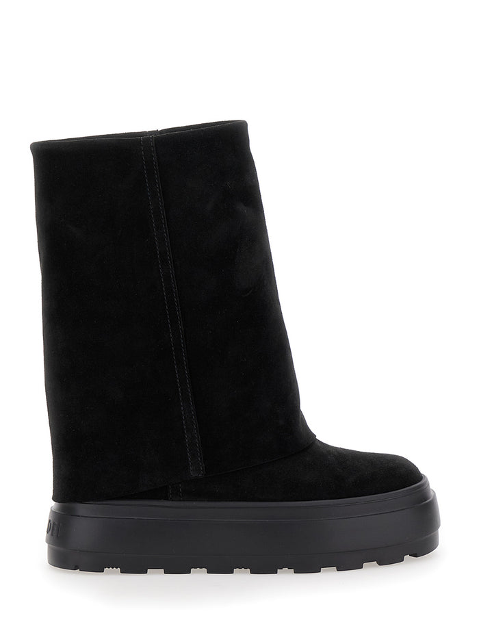 Black Boots With Turn-Up Platform Suede Woman Calf Ankle