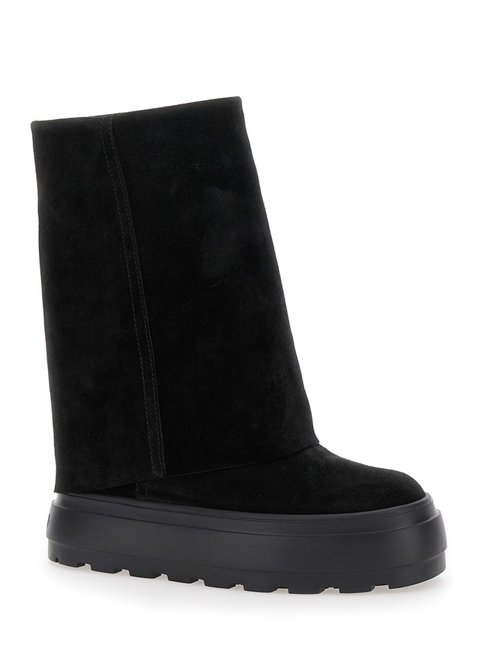 Black Boots With Turn-Up Platform Suede Woman Calf Ankle