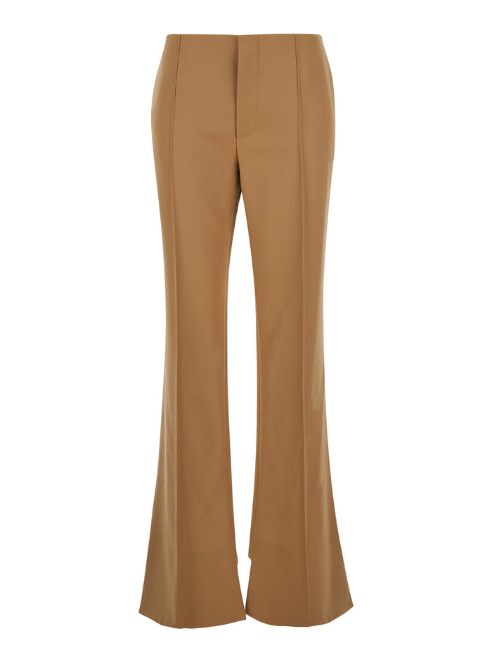 Beige Flared Pants with Asymmetric Hem in Grain de Poudre Wool Woman Sheep Trousers