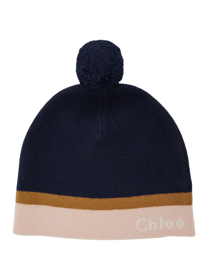 Multicolor Beanie With Pom-Pom And Logo Cotton Wool Girl Blu Hats Gloves