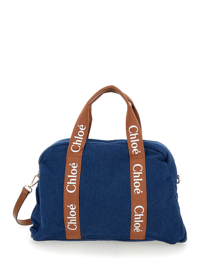 Blue Changing Bag With Logo Print Cotton Blu Crossbody