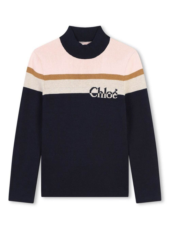 Blue Sweater With Jacquard Logo Detail Cotton Blend Girl Blu Jersey