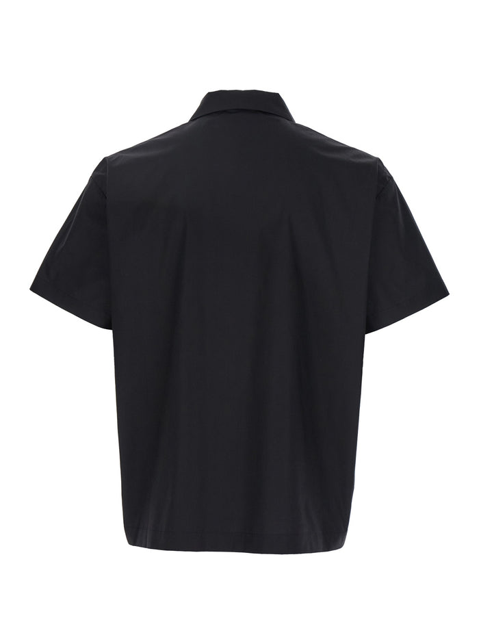 Black Shirt with Classic Collar and Print on the Front in Cotton Man Blouses