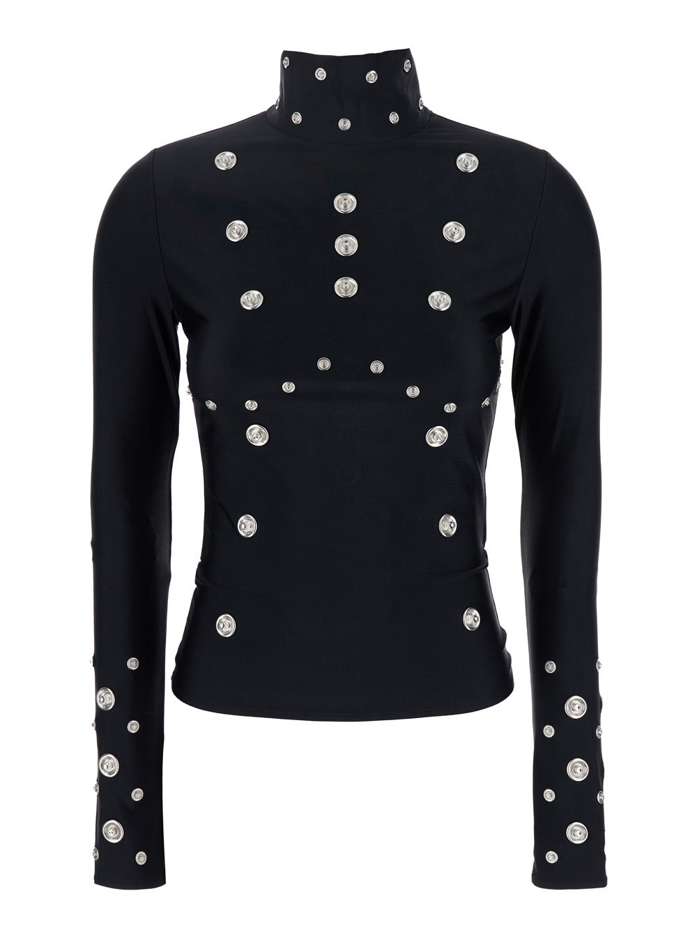 Black T-Shirt With High Neck And All-Over Eyelet Embellishments Tech Fabric Stretch Woman 78 % Polyamide 22 Elastane Jersey
