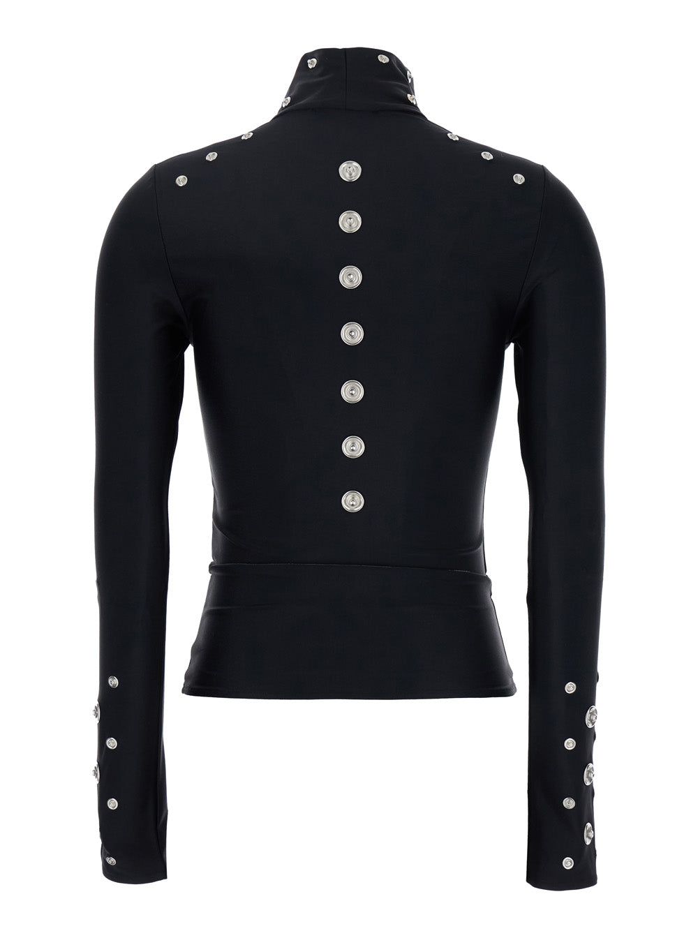 Black T-Shirt With High Neck And All-Over Eyelet Embellishments Tech Fabric Stretch Woman 78 % Polyamide 22 Elastane Jersey