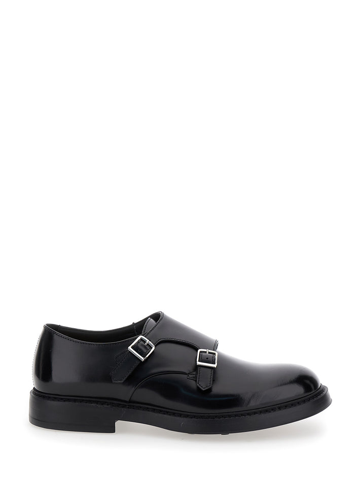 Black Monks Shoes With Double Buckle Smooth Leather Man Calf Lace