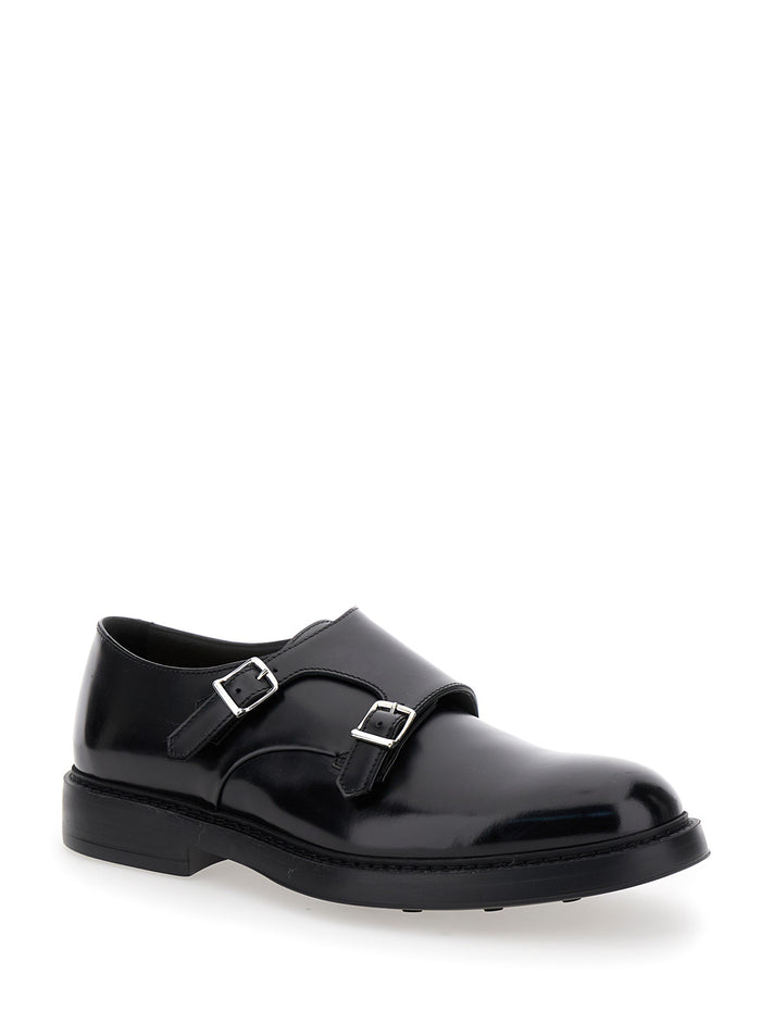 Black Monks Shoes With Double Buckle Smooth Leather Man Calf Lace