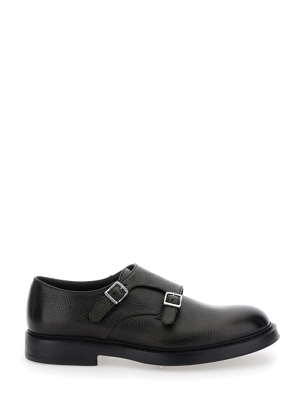 Black Monks Shoes With Double Buckle Hammered Leather Man Calf Lace
