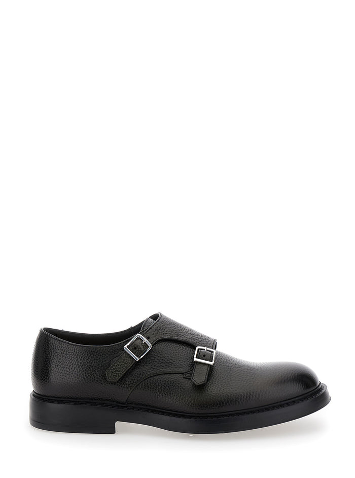 Black Monks Shoes With Double Buckle Hammered Leather Man Calf Lace