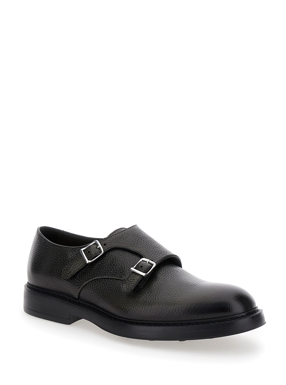 Black Monks Shoes With Double Buckle Hammered Leather Man Calf Lace