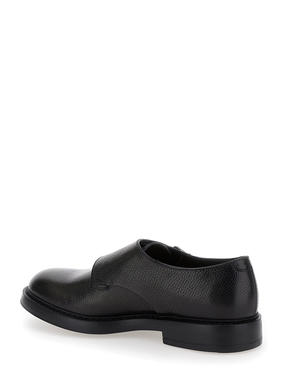 Black Monks Shoes With Double Buckle Hammered Leather Man Calf Lace