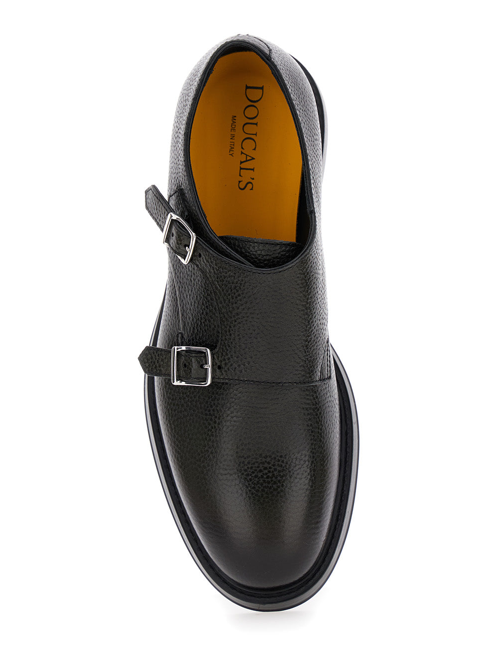 Black Monks Shoes With Double Buckle Hammered Leather Man Calf Lace