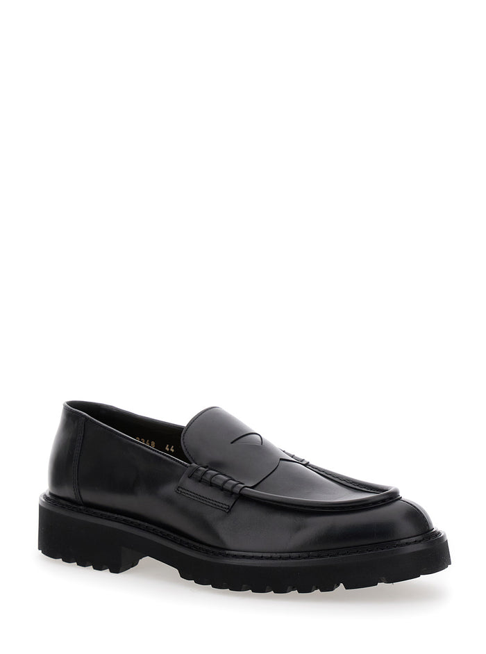 Black Loafers With Chunky Rubber Sole Leather Man Calf