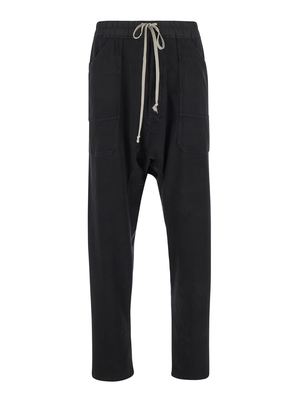 Black Cargo Pants With Elastic Waist Drawstrings And Drop Crotch Cotton Man Trousers