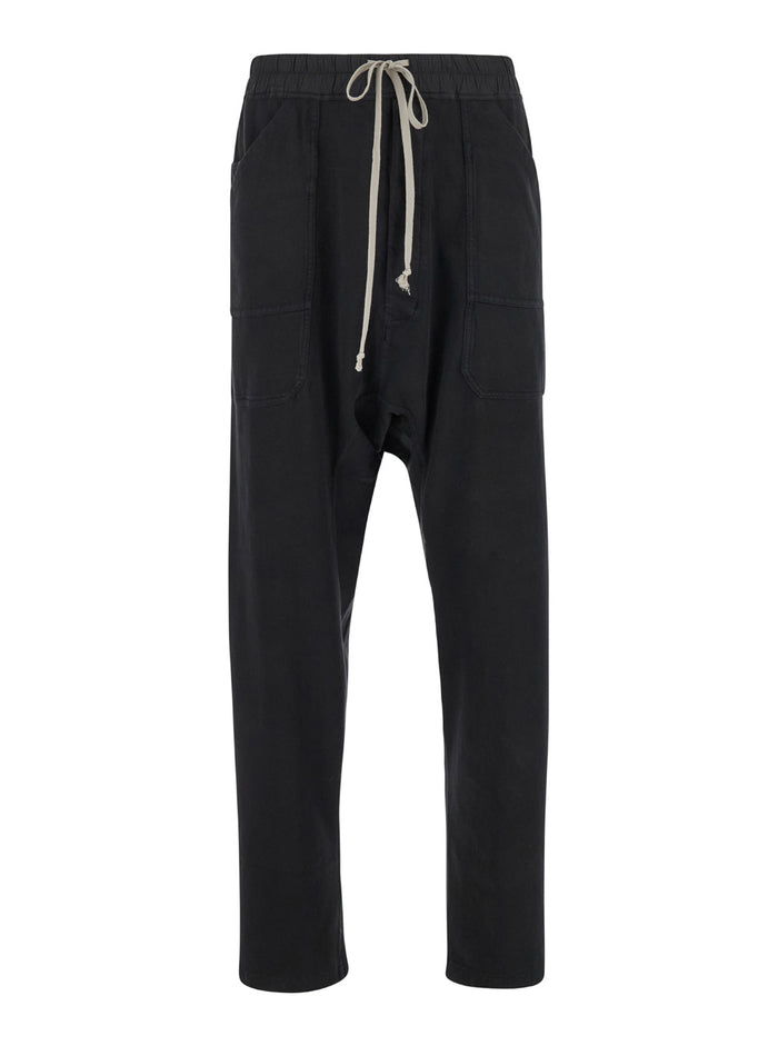 Black Cargo Pants With Elastic Waist Drawstrings And Drop Crotch Cotton Man Trousers