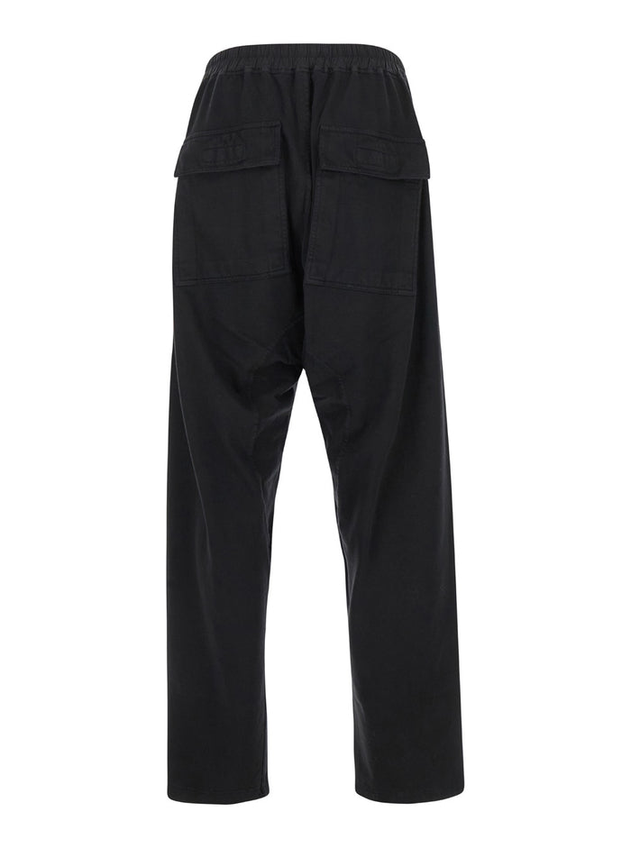 Black Cargo Pants With Elastic Waist Drawstrings And Drop Crotch Cotton Man Trousers