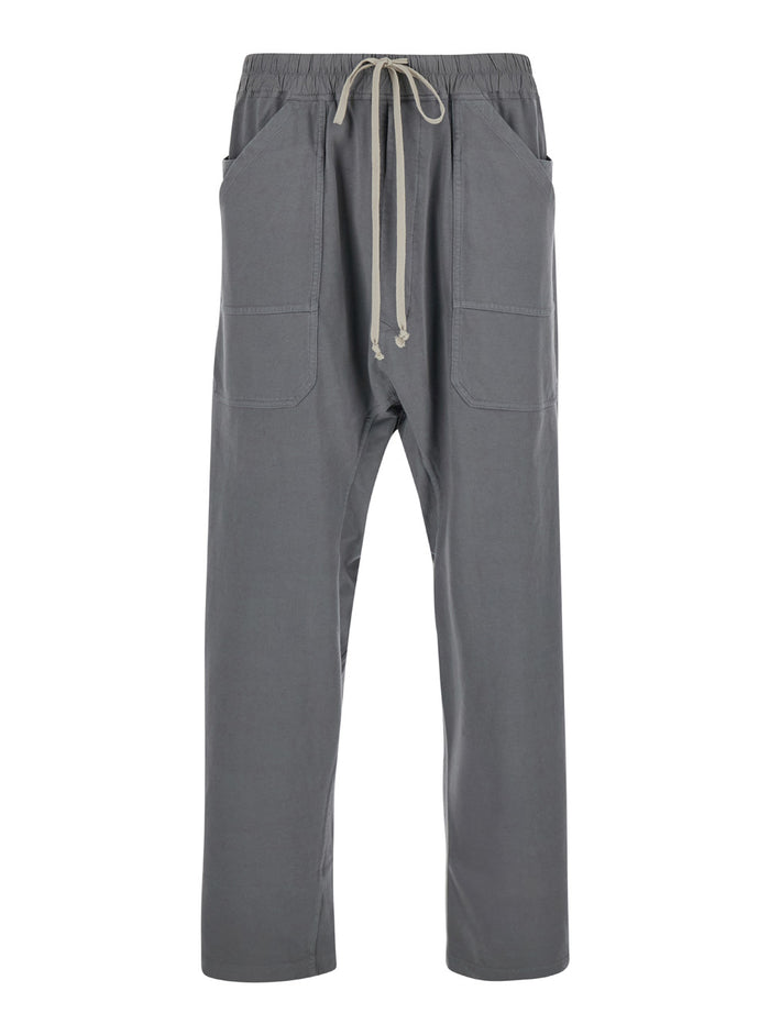 Grey Cargo Pants With Elastic Waist Drawstrings And Drop Crotch Cotton Man Trousers