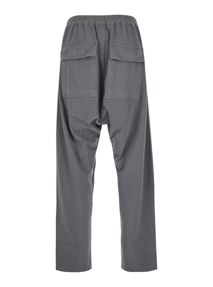 Grey Cargo Pants With Elastic Waist Drawstrings And Drop Crotch Cotton Man Trousers