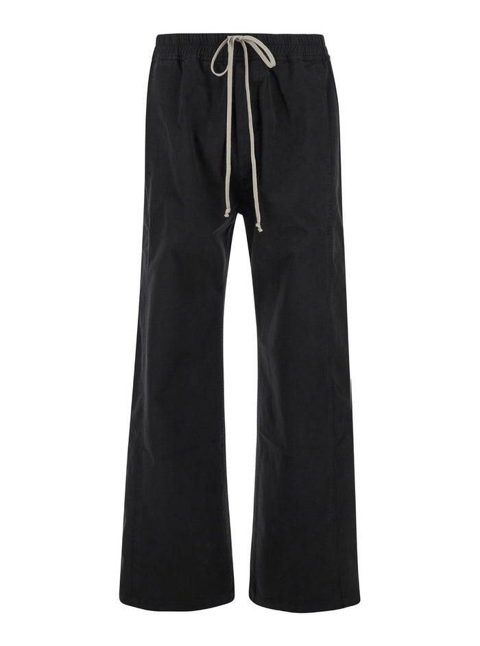 Pusher Black Pants With Elastic Waist Drawstrings And Wide Leg Cotton Man Trousers