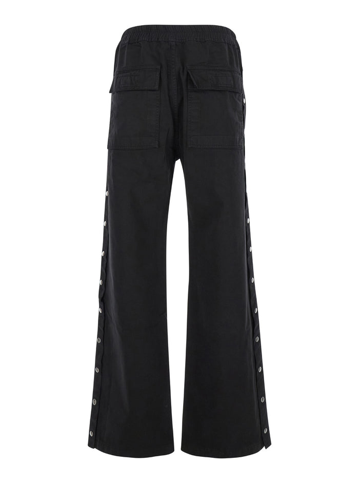 Pusher Black Pants With Elastic Waist Drawstrings And Wide Leg Cotton Man Trousers