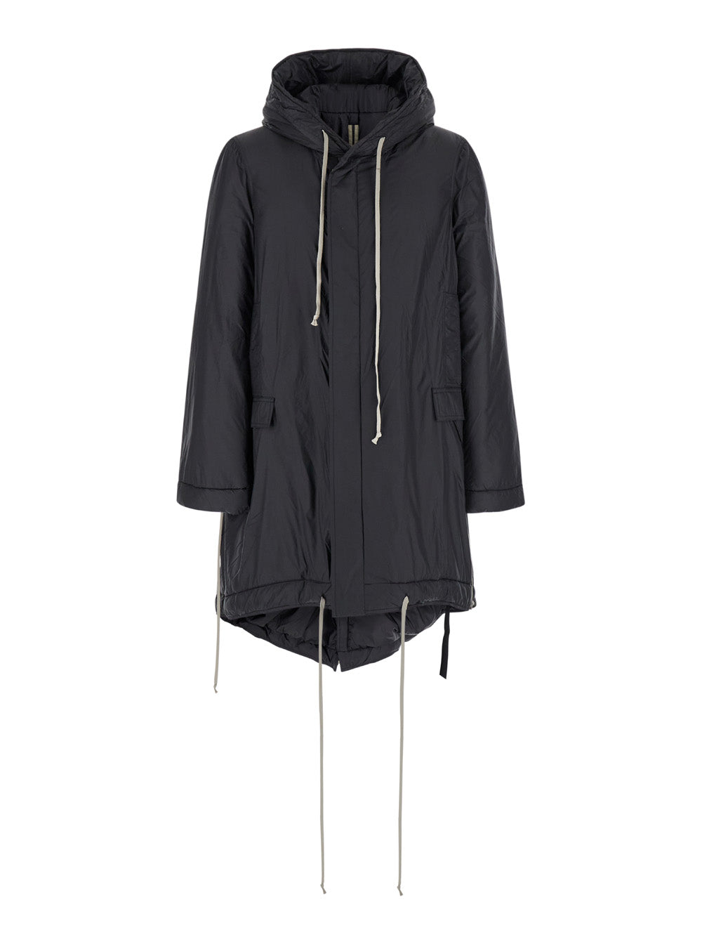 Fishtail Black Parka With Drawstring Hood And Hem Tech Fabric Man Nylon