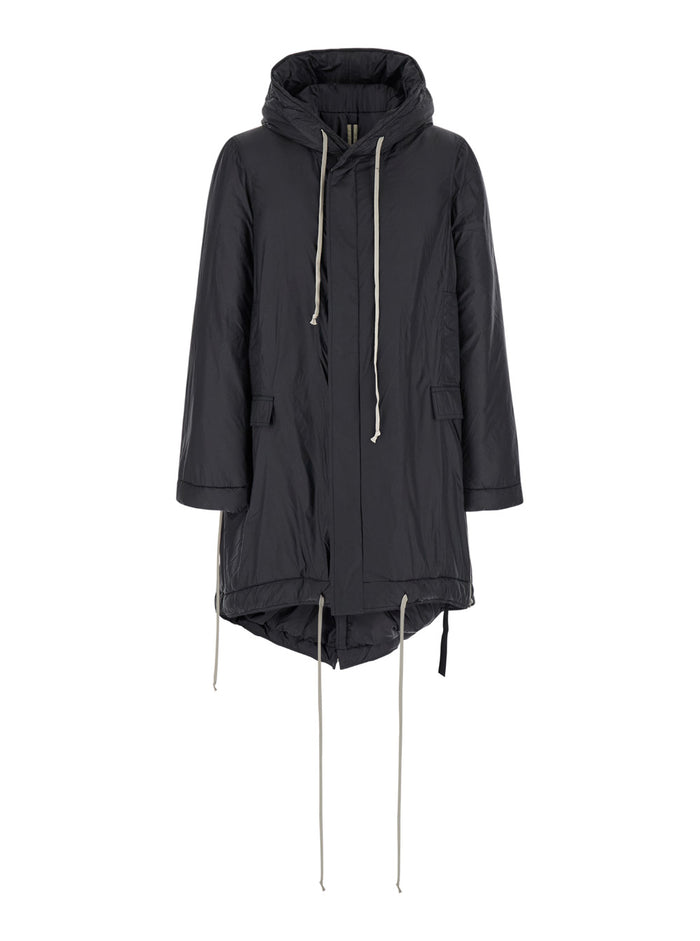 Fishtail Black Parka With Drawstring Hood And Hem Tech Fabric Man Nylon