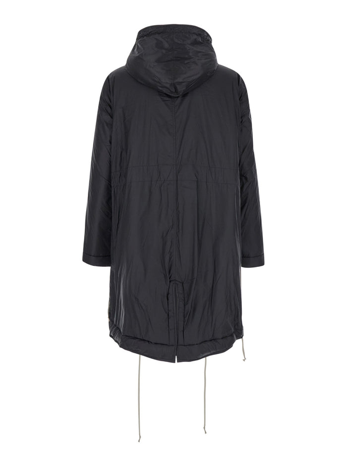 Fishtail Black Parka With Drawstring Hood And Hem Tech Fabric Man Nylon
