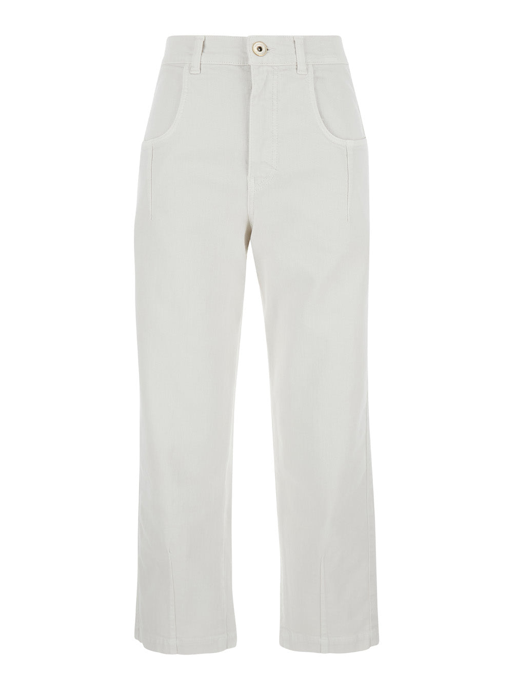 White Pants With High Waist And Belt Loops Pences Details Cotton Stretch Woman Trousers